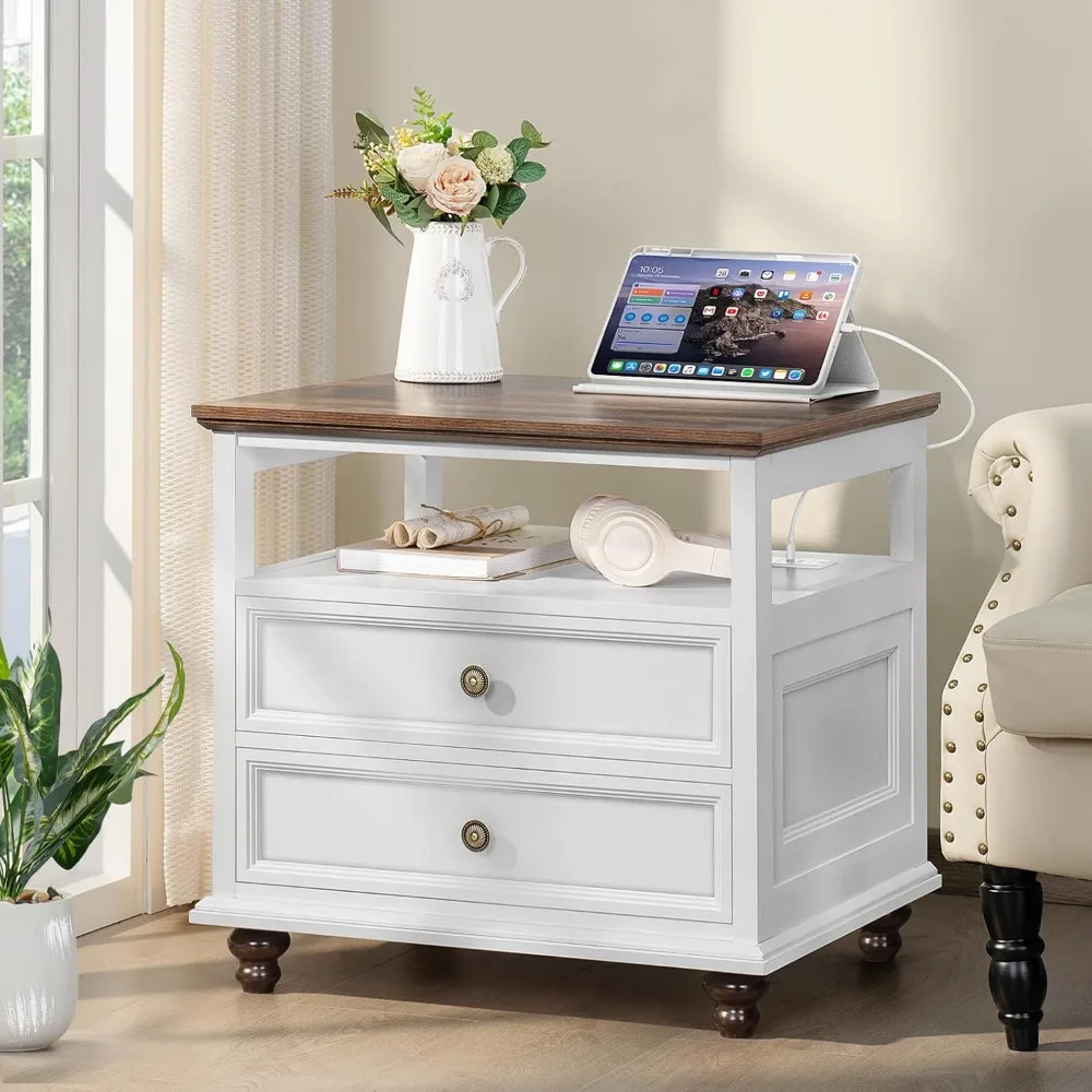 Nightstand Set of 2 with Charging Station, 24" Wide End Table with 2 Drawers, Dresser for Bedroom, Nightstands 6