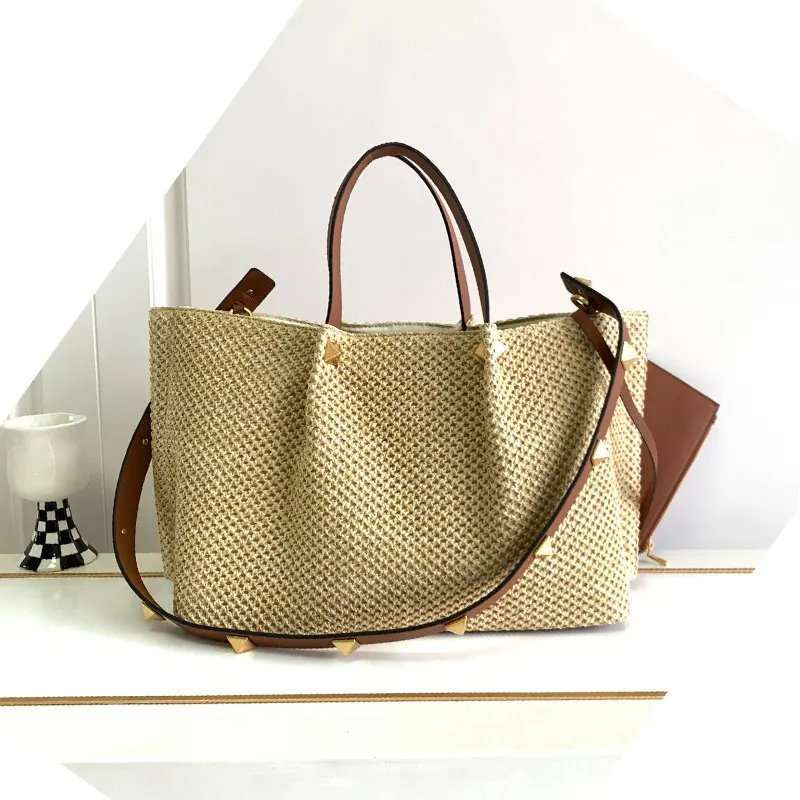 

Genuine Leather Tote Bag Large Capacity Travel Shopping Bag Classic Women Handbag Straw Woven Retro Design Shoulder Crossbody