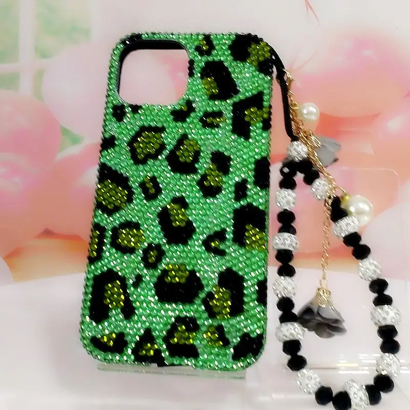 Bing Bing Green Leopard Print Rhinestone Phone Protective Case for iPhone11 121314 15pro Max Xs Xr Phone Case Rhinestone