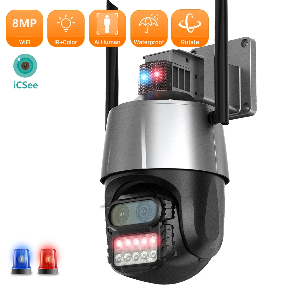 

4K 8MP Dual Lens WiFi IP Camera Smart Home Siren Alarm Color Night Vision Camera 8x Zoom CCTV Camera Video Surveillance ICSEE