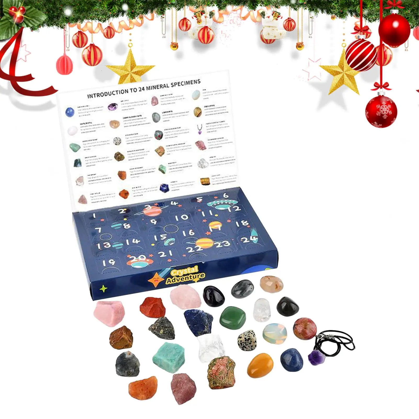 Crystal Christmas Countdown Calendar 24 Days Countdown Calendar with Natural Mineral Gemstones Seasonal Advent Favors For Kids