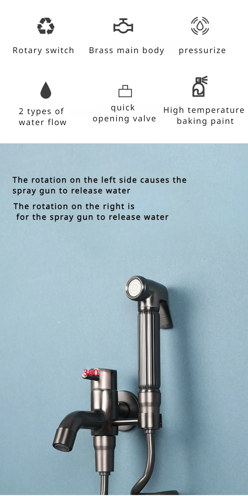 Description Picture 3 of itemMop pool faucet, Multi functional balcony wall mounted faucet, gray pressurized flushing spray gun