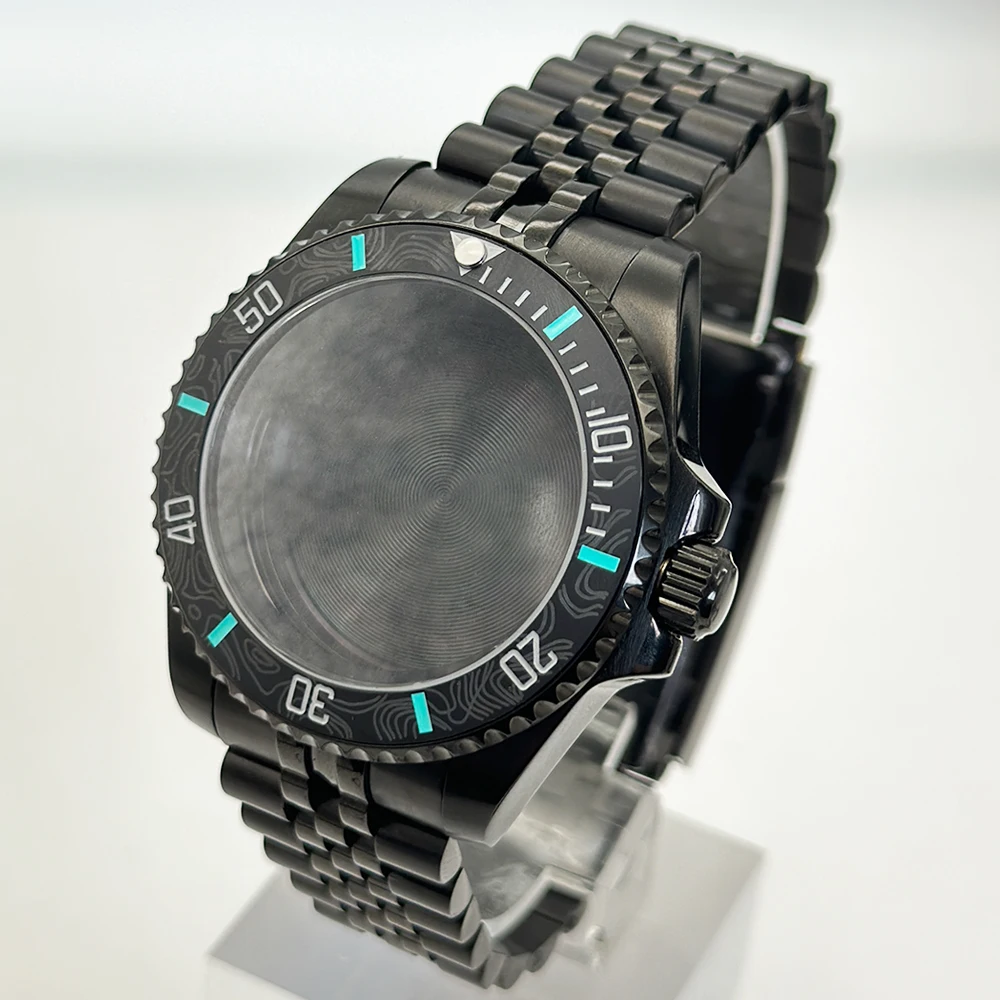Sleek Black Watch Case with Carbon Fiber Bezel and Sapphire Mirror
