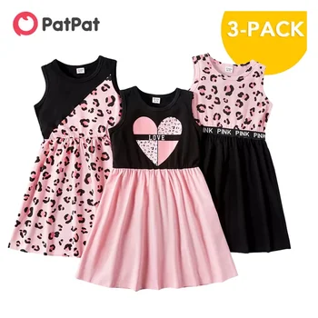 PatPat New Arrival Summer 3-piece Kids Leopard Love Dresses Set Kids Girls Sleeveless Dress Children's Clothing