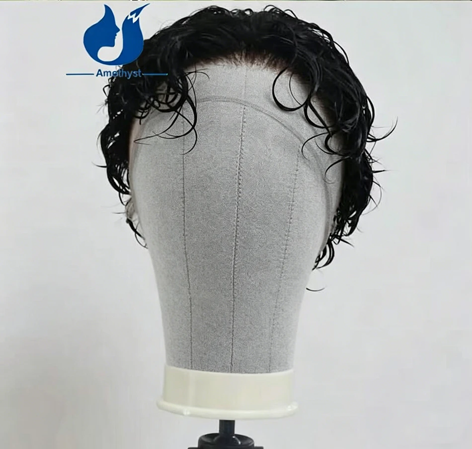 아메시스트 블랙 웨이브 곱슬 픽시컷 숏 가발 풀 레이스 부드러운 인모 자연스러운 헤어라인 브라질 레미 헤어 남성용