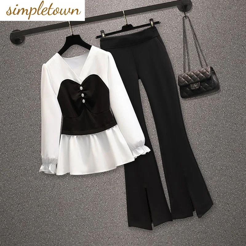 Ruffle Edge Pleated Long Sleeved Chiffon Shirt Casual Wide Leg Pants Two-piece Elegant Women's Pants Set Office Clothing Outfits