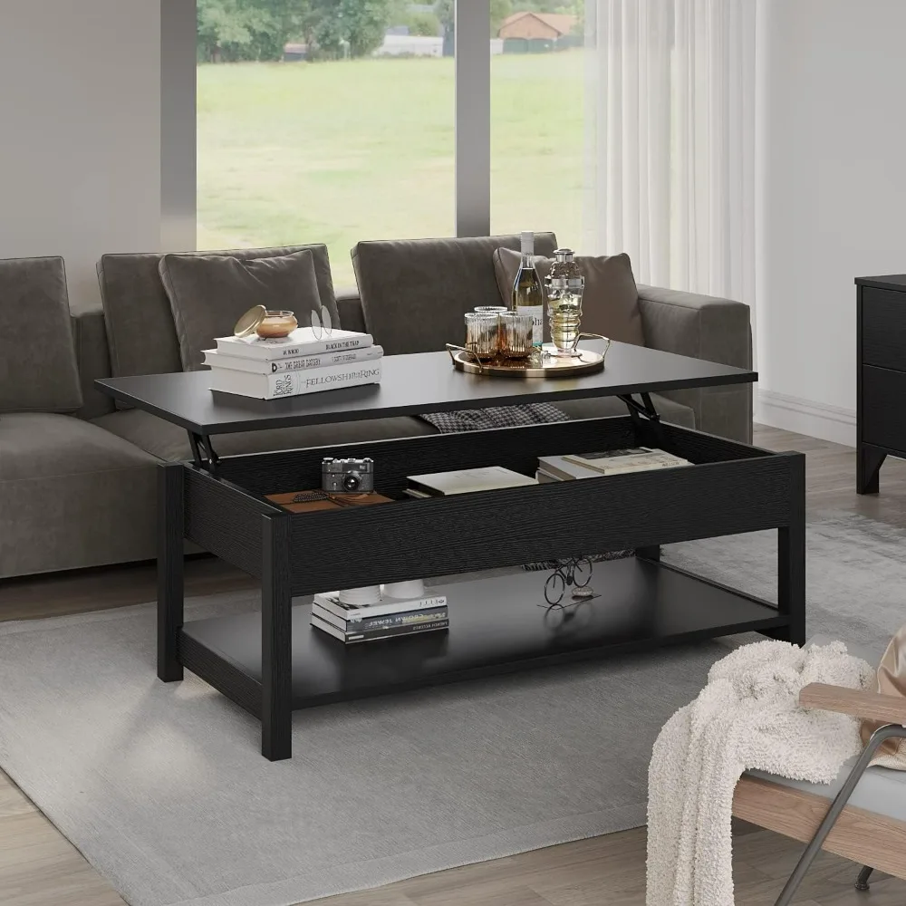 Lift top coffee table with hidden compartment and open shelf, pop-up tabletop for living room 2
