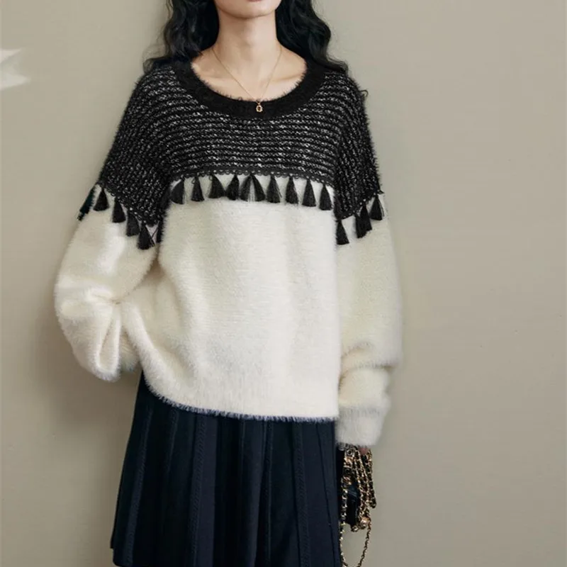 

Hsa 2023 New Korean Imitation Mink Velvet Tassle Spliced Pullover Sweater Women Autumn Winter Female Casual Knitted Tops