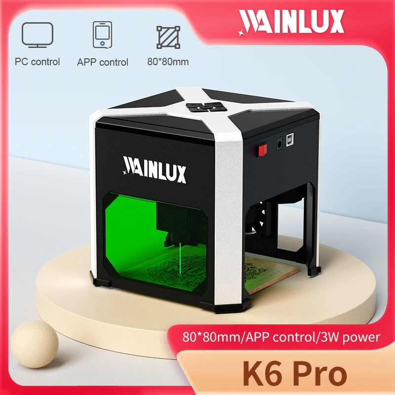 Wainlux-ミニレーザー彫刻および切断機,K6, 3000mW, 0.05mm固定焦点 