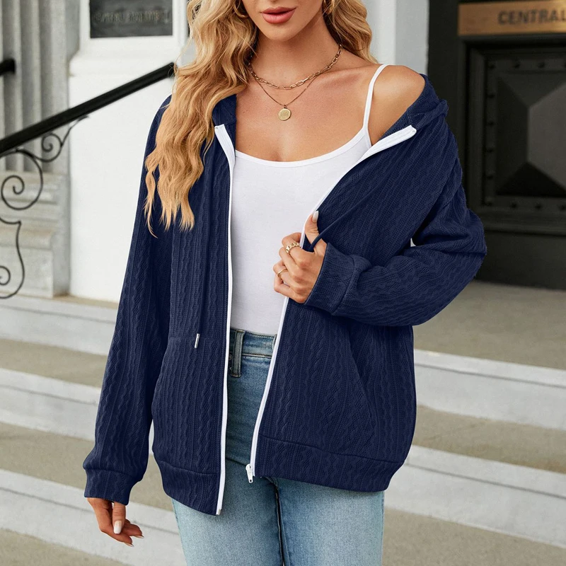 Women's Autumn and Winter Solid Long Sleeve Zipper Hoodies Casual Streetwear Loose Hooded Sweatshirts Pockets Drawstring Jackets