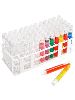 60 Stück Röhrchen und 1 Satz Reagenzglashalter-Kombination, weiße wissenschaftliche Reagenzgläser mit Gestell, Kunststoff 16 x 150 mm (25 ml) Reagenzglas mit Kappe – Detail 2