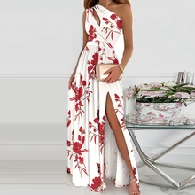  2023 Summer Women One Shoulder Floral Print Maxi Dress Girls High Slit Long Dresses Asymmetric Party Dresses Vestidos De Fiesta 