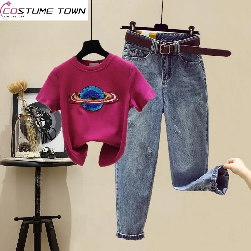 Single-piece/suit Summer 2023 New Star Sequin Short-sleeved T-shirt Women+fashion High-waisted Ripped Jeans Trend