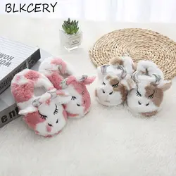 Brand New Toddler Girl Slippers Cartoon Cows Plush Warm Winter House Shoes Little Kid Loafers Boy Soft Rubber Sole Home Footwear
