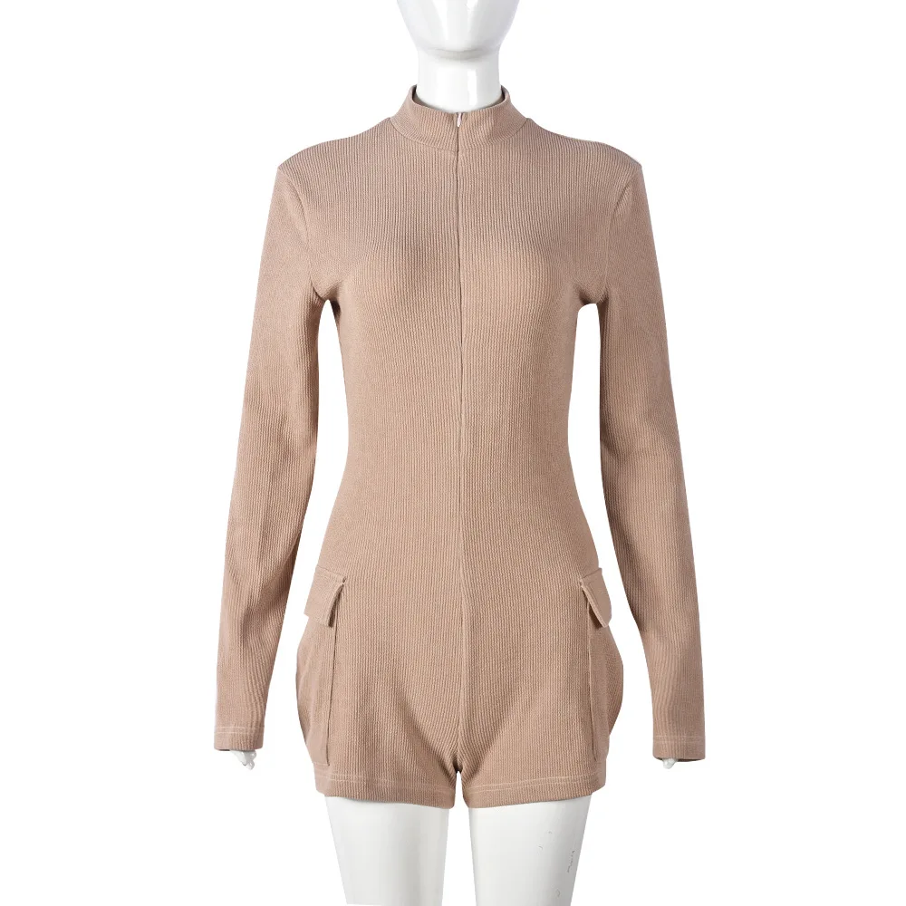 BKLD Zipper Long Sleeve Pockets Sexy Solid Color Elastic Shorts Jumpsuit Women Clothing 2023 New Arrivals One Pieces Romper