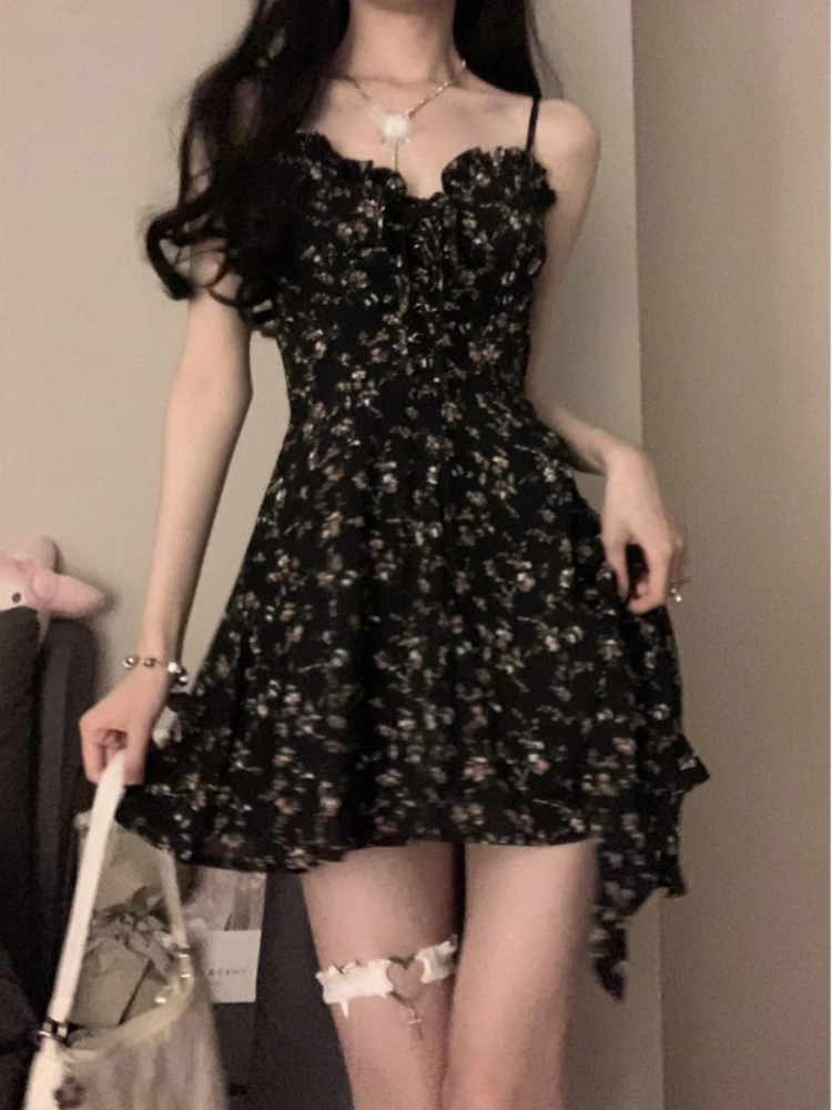 

QWEEK Coquette Floral Flower Print Black Slip Mini Dress Women 2024 Vintage Elegant Beach Casual Party Short Dresses Summer