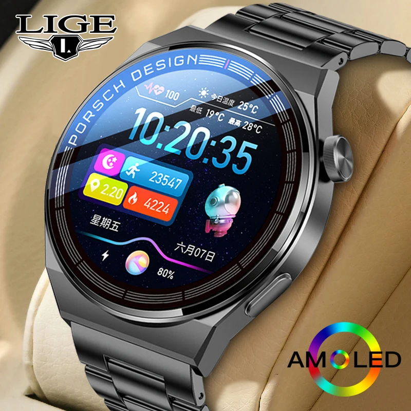 LIGE Wireless Charging Men Smartwatch AMOLED Custom Dial Clock Sports