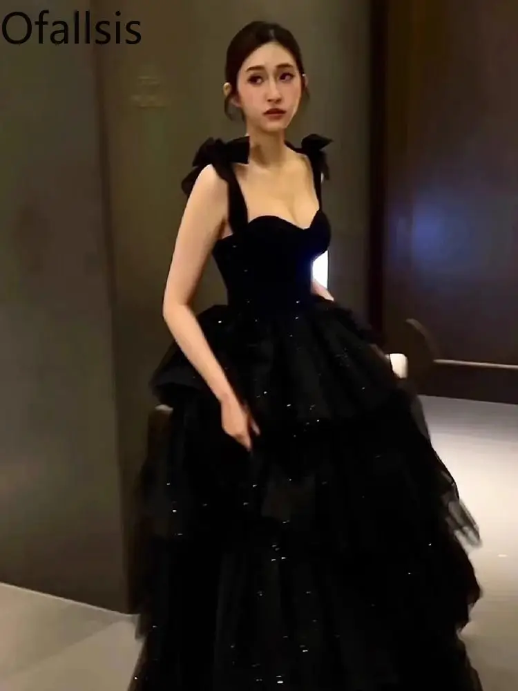 

Ofallsis French Style Black Evening Dress 2024 Summer New Elegant Banquet Noble Birthday Party Host Long Elegant Style Dresses