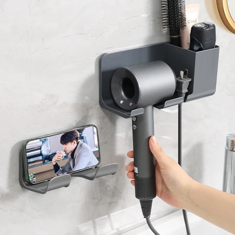 

Wall Mounted Hair Dryer Holder Bathroom Shelves Shaver Hair Dryer Stand with Storage Box Toiletries Bracket Organizer