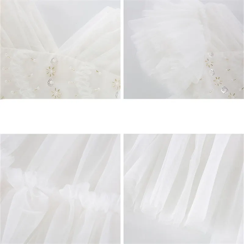 Summer Hot Sale Girls Champagne White Wedding Party Dresses Fashion Mesh Ruffle Sleeve Costume for Baby 4 5 7 9 11Years Old