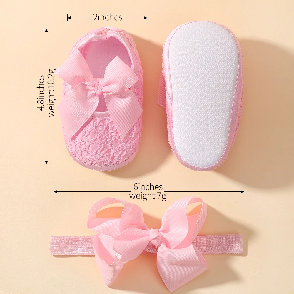 0-1Y Baby Girl Flat Shoes Headband Set Soft Sole Non-slip Bow Embroidered Princess Wedding Walking Shoes Newborn Baby Gift
