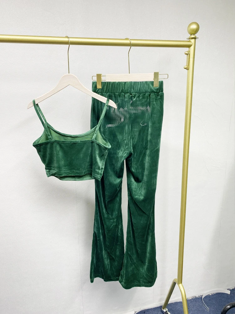 벨벳 여성용 탱크 탑 팬츠, 크루넥 2 종 세트, 반팔 탑 플레어 팬츠, 데일리 복장, 요가 스포츠 복장