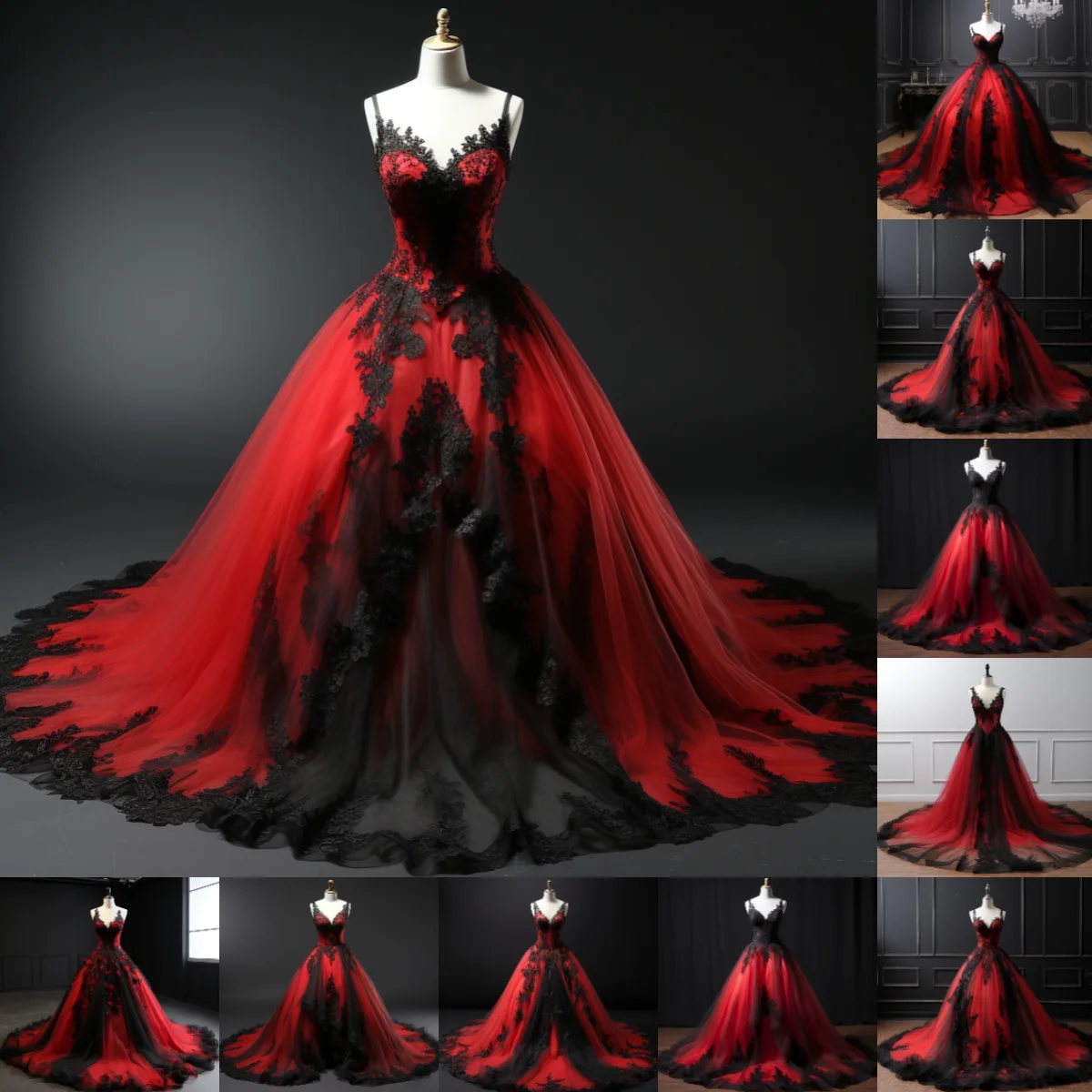 

Red and Black Lace Edge Applique V Neck Ball Gown Full Length Lace Up Back Evening Dress Formal Occasion Elagant Clohing W3-7