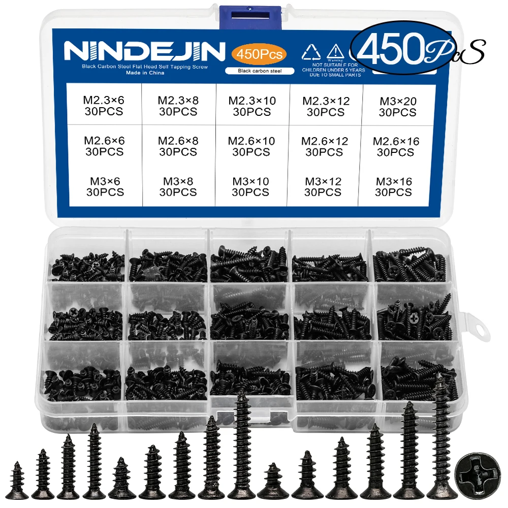 Cross Flat Head Tapping Screws Kit M1.2 M1.4 M1.5 M1.7 M2 M2.3 M2.6 M3 Carbon Steel Black Phillips 450/1200pcs