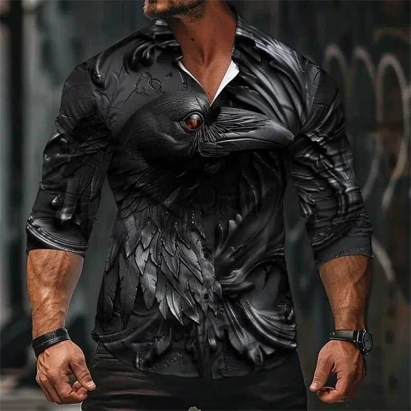 

Fashion trend gray crow animal men's tops shirt buttons casual outdoor street soft and comfortable men's tops plus size