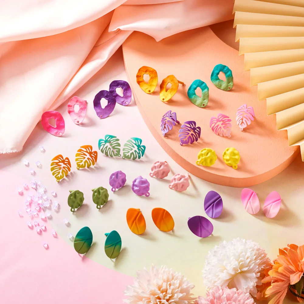 32Pcs Gradient Color Stud Earrings Leaf Teardrop Iron Ear Studs Earring Base Connectors with Ear Nut DIY Drop Earrings Jewellery