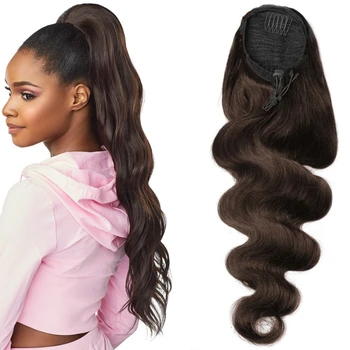 #2 Dark Brown Body Wave Drawstring Ponytail Human Hair Extentions Wrap Around Drawstring Ponytail Clip In Hair Extensions Virgin 1