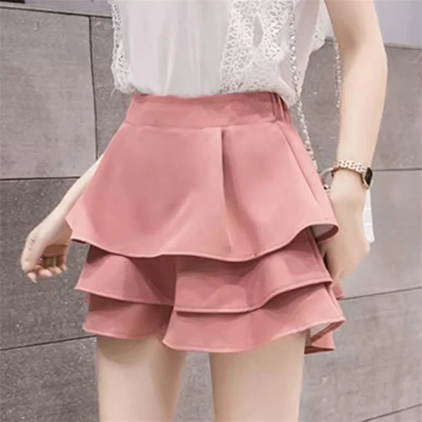 

Gowyimmes Spring Summer Slim Women High Waist A-line Ruffled Shorts Casual Big Size Lady Wide Leg Skirt Shorts Bottomings PD1725