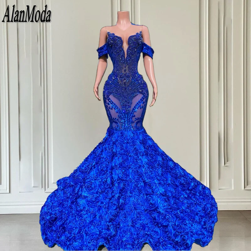 blue dress for baby girl Gorgeous Long Silver Mermaid Beaded Diamond Prom Dress with Ruffles –  misshow.com main image 0
