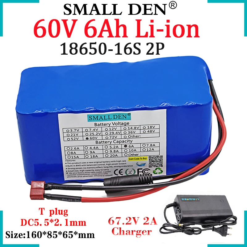 

60V 6Ah 18650 LithiumBattery Pack 16S2P 0-1200W High Powe For 67.2V E-Bike Motor Scooter Motorcycle Spare Li-ion Cell+2A Charger