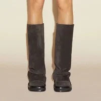 New Large Walled Flat Bottomed Round Toe Sleeve Knee High Pleated Women's Boots Retro Knight Boots Shoes for Women - Image 3