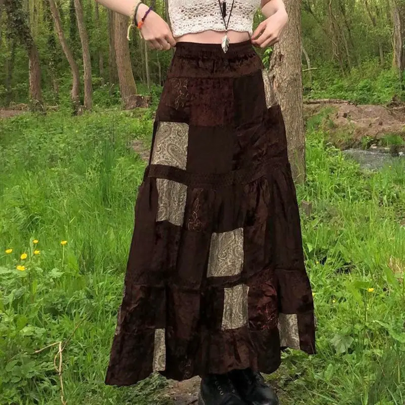Lucyever Women's Vintage Brown Midi Skirts 2022 Autumn Elegant Velvet High Waist Long Skirt Female Print Patchwork A Line Skirts