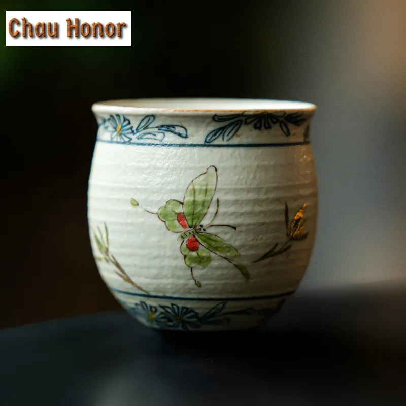 90ml High-end Blue And White Flint Red Teacup Handmade Gold Drawing Butterfly Orchid Master Cup Personal Egg Shape Coffee Mug