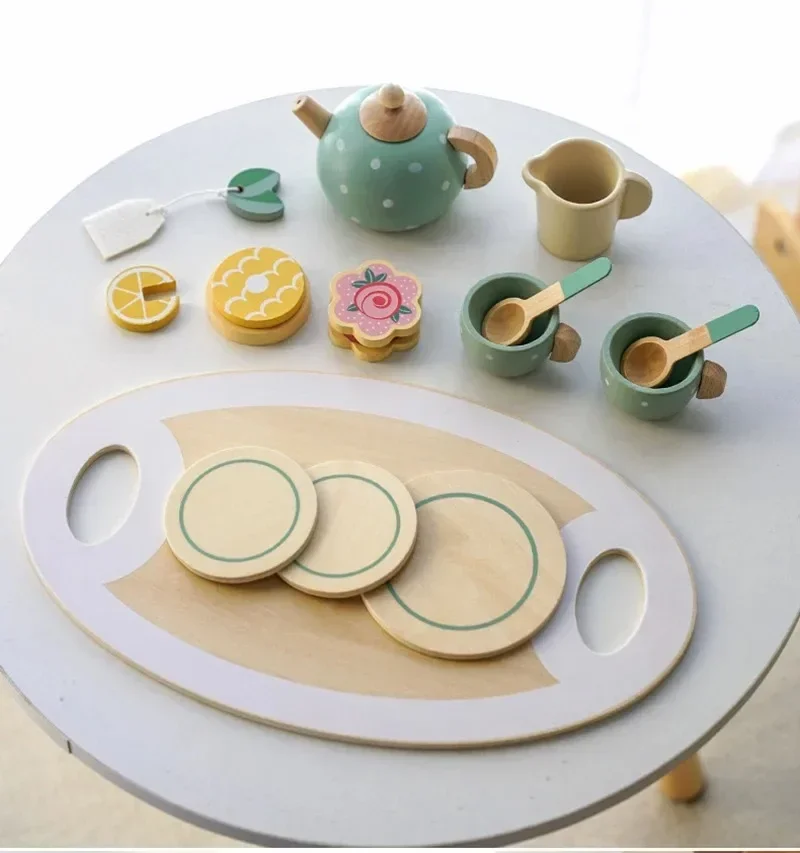 Wooden Tea Set Toys Pretend Play Kitchen Accessories for Kids Food Afternoon Tea Role Play Game for Toddlers Girls Boys Gifts 6