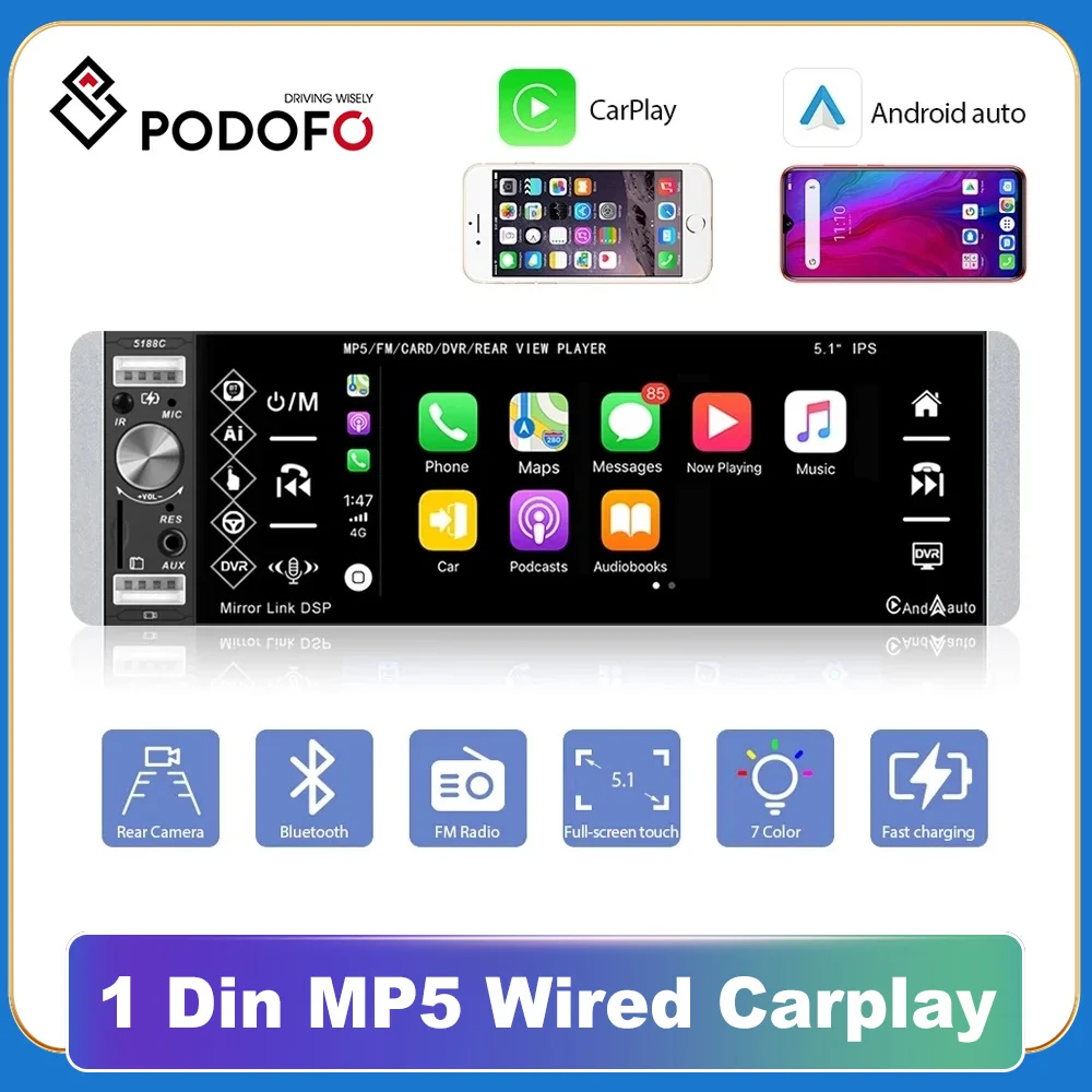 

Podofo 1din MP5 плеер сенсорный автомобильный Радио FM 4-USB 5,1 дюймов Поддержка Android Mirrorlink Bluetooth Carplay Авторадио DVR