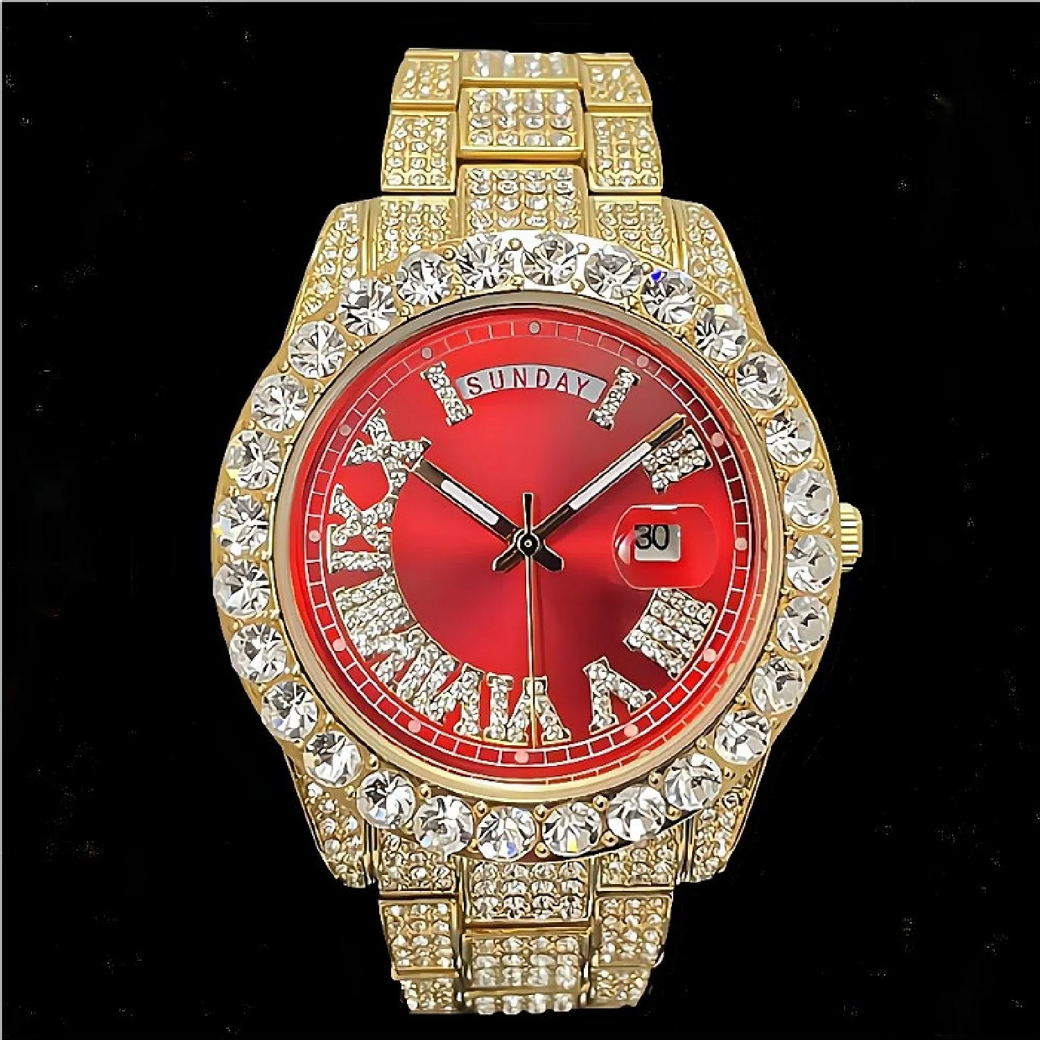 

New Luxury Iced Watches Mens Fashion Gold Red Moissanite Quartz WristWatch Automatic Date Week Jewelry Clock Free Shipping 2023