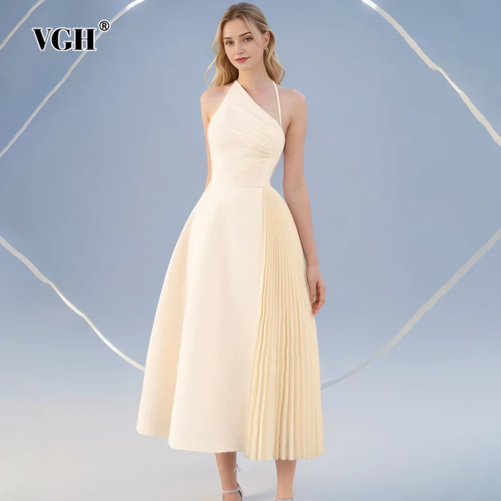 

VGH Elegant Patchwork Folds Solid Dresses For Women Halter Sleeveless Backless High Waist Temperament Long Dress Female Fashion