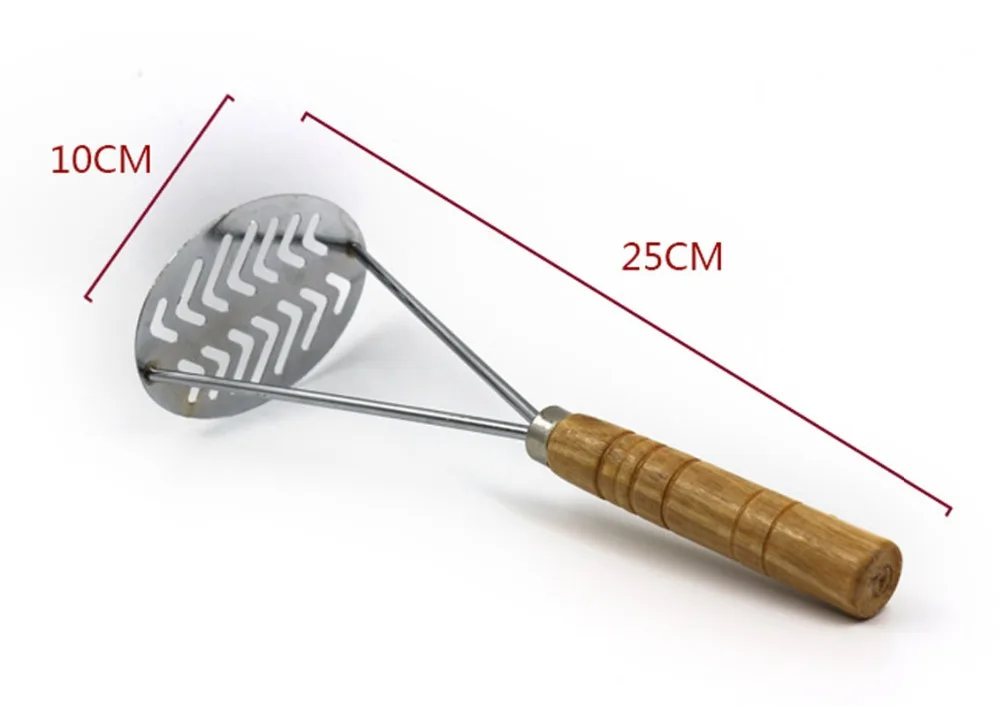 Wooden Handle Stainless Steel Potato Masher with Broad Mashing Plate Mashed Potatoes Making Tools Fruit Vegetable Press Crusher Vegetable Cutter