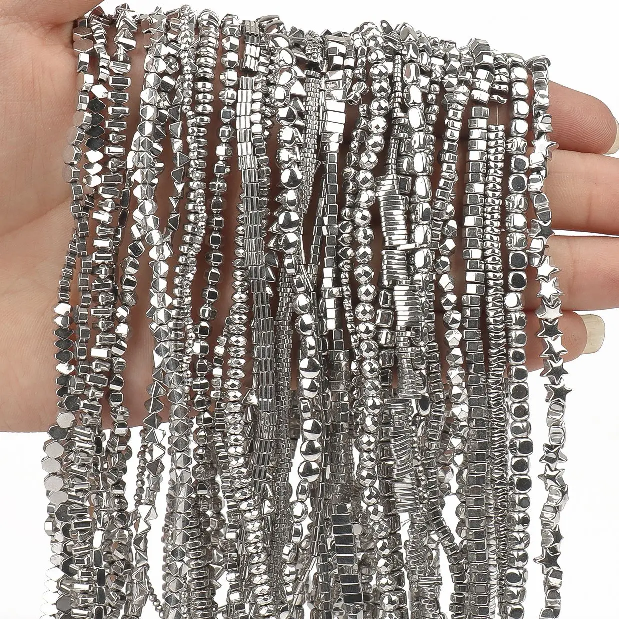 천연 석재 화이트 골드 도금 여러 모양 적철광 비즈 스페이서 보석 만들기위한 느슨한 비즈 DIY 매력 팔찌 목걸이 