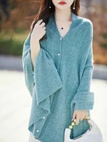 Women Cashmere Wrap Shawl Cardigan Autumn Winter Grace Basic 100% Merino Wool Knitwear Cable Knitting Cashmere Sweater Tops 1