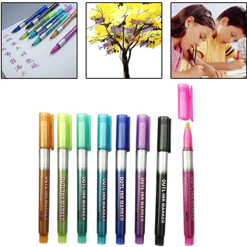 8 Color Christmas Pen Highlighter Double Line Outline Art Pen Marker Pens Bullet Diary Poster Card DIY Painting Writing