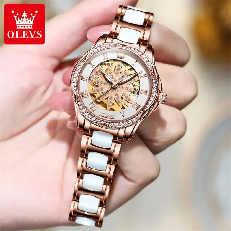 OLEVS Automatic Mechanical Watch for Women Skeleton Diamond Dial Ceramic Strap Waterproof Elegant Women's Wristwatch Reloj Mujer