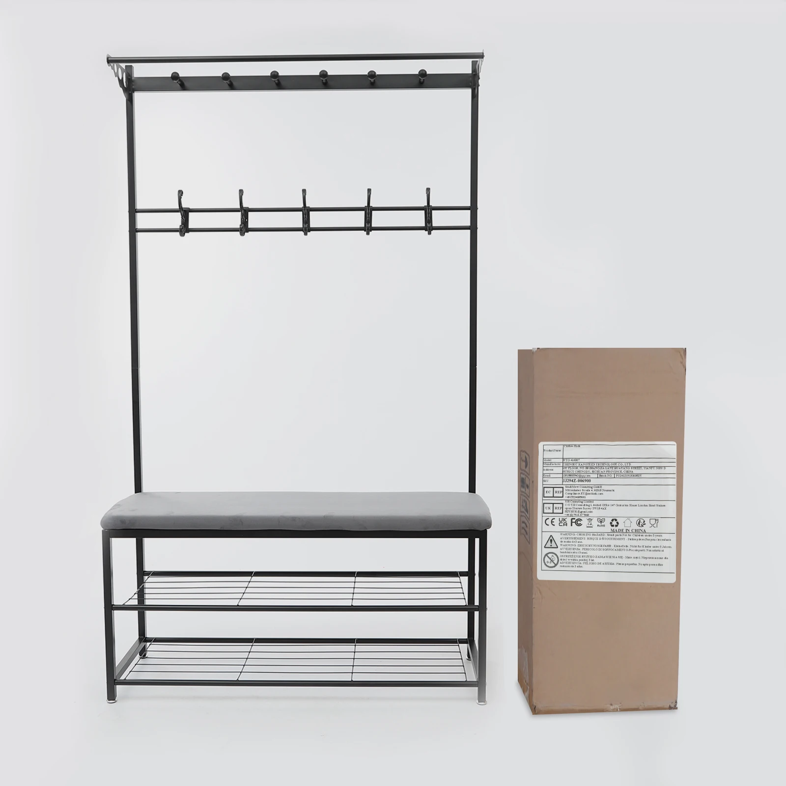 100cm Garderobenbank mit Stauraum, 6 Haken, Schuhregal, offenes Regal-Design, multifunktional für kleine Flure und Apartments – Detail 25