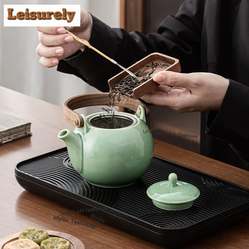 Celadon Round Handle Travel Tea Set Kit Japanese 1 Pot 4 Cups Tea Maker Organizer Portable Outdoor Handbag Supplies Collection