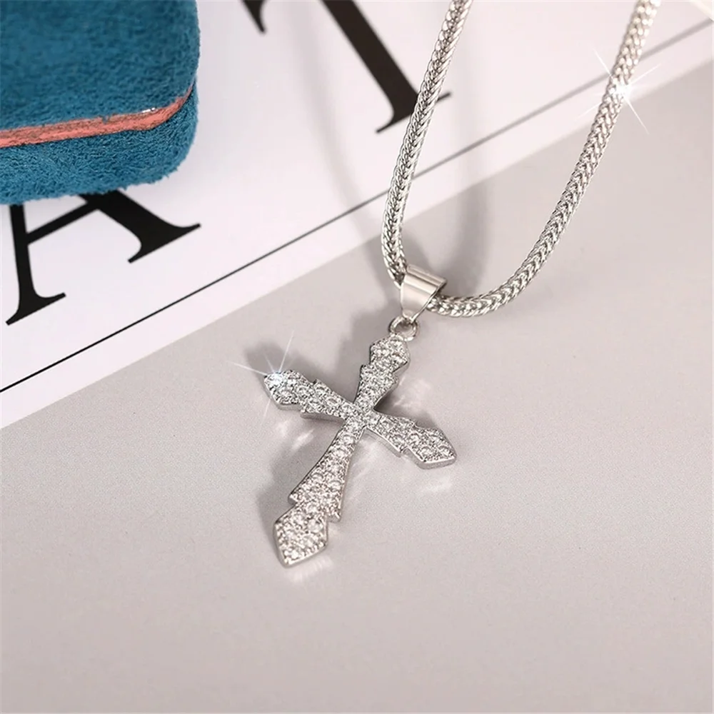 Female Charm Crystal White Zircon Stone Cross Pendant Necklace Vintage Silver Color Wedding Jewelry For Women