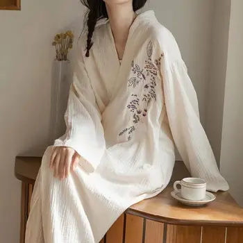 여성용 빈티지 프린트 긴 소매 로브, 달콤한 레이스업 일본 스타일 라운지웨어, 용수철 목욕 가운, 심플한 헐렁한 잠옷